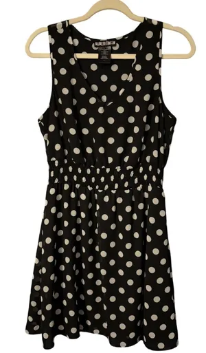 Paper Dolls Rockabilly Black White Polka Dot Smocked Waist‎ Racerback Dress, Sz L thumbnail 1