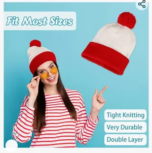 Red and white Beanie, Stripped Socks Costume for women Pompom Cuff beanie thumbnail 4