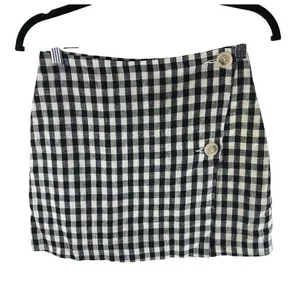 Storets Gingham Linen Mini Wrap Skirt With Button Detail Black & White S thumbnail 1