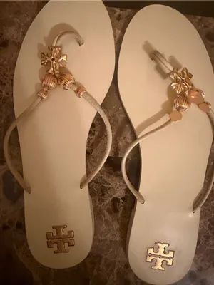 Tory Burch White Capri Thong Sandals with Gold Logo Accents thumbnail 3