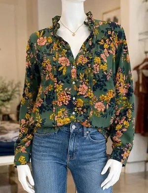 Nanette Nanette Lepore Womens Blouse Green Floral Ruffle Button Down M thumbnail 1