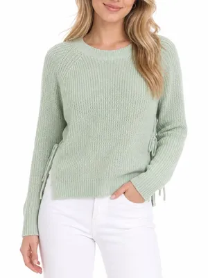 SHEIN Mint Green Shaker Knit Side Tie Lace Up Sweater Large Crew Neck Pullover thumbnail 1