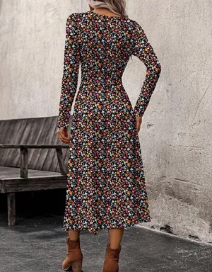 Black Multi-Floral Retro Bodycon Long Sleeve Dress thumbnail 2