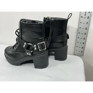 Womans NWT NOBO Ankle Moto Boots Size 7.5 Black Chunky Heel Lace Up Side Zip thumbnail 6