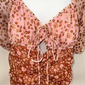 Free People Pink and Rust Brown Floral Ruched Mini Dress with Boho Feels-Size S thumbnail 4