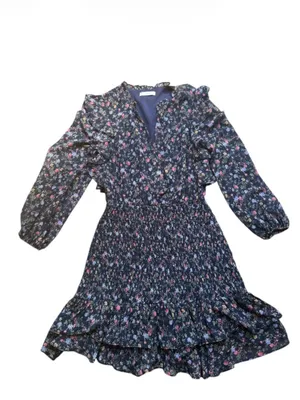 Lush Clothing Floral Smocked Mini Dress Medium Navy Blue Ruffle Long Sleeve Cottagecore thumbnail 3