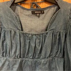 Missguided Tie Front Square Neck Volume Sleeve Denim Crop Top‎ Deep Blue Size 6 thumbnail 7