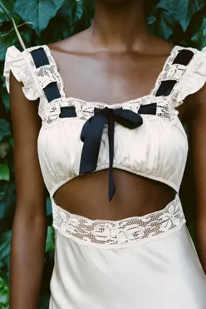 Zara dress lingerie style ivory black lace crochet ribbon tied satin effect maxi thumbnail 13