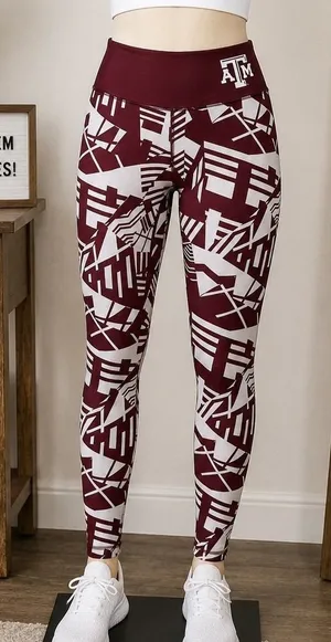 Texas A&M Women Leggings Maroon White Geometric Print Logo Small thumbnail 1