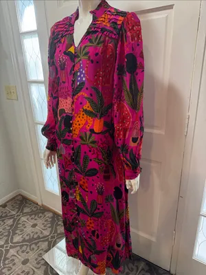Farm Rio Jungle Print Maxi Dress Womens Pink Leopard Monkey Long Sleeve Sz S thumbnail 8