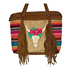 Tote Bag Womens Large Multi-Color Serape Western Boho Longhorn Fringe‎ Hippie thumbnail 2