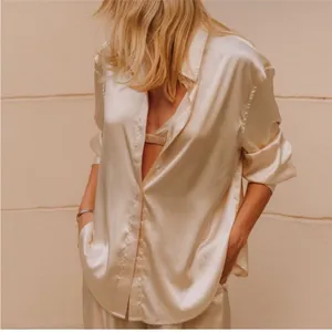 Daily Drills Ivory Champagne Button Down Long Sleeve Satin Resort blouse EUC thumbnail 2