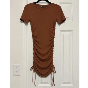 Zara Brown Ribbed Ruched Side Drawstring Bodycon Mini Dress Small Stretch thumbnail 2