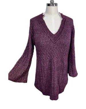 Cabi Small‎ Purple Tunic Sweater Women's V-Neck Cable Knit Bell Sleeve thumbnail 1