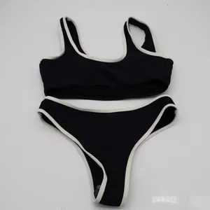 2 Piece Bikini Set Women Small Black White Contrast Trim Stretch Ribbed Swimwear thumbnail 4