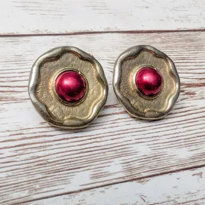 Vintage Clip On Earrings - 1" Gold Tone Wavy with Red Center thumbnail 2
