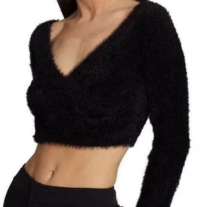 Cropped Black Fuzzy Wrap Style Top Size M thumbnail 2