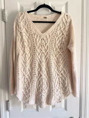 Free People Cross My Heart Distressed Knit Crochet‎ Sweater Jumper Cream Small thumbnail 1