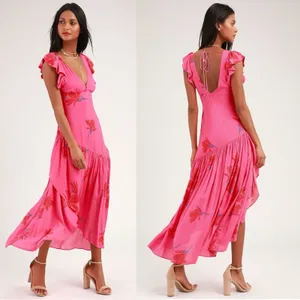 Free People Tropical Hawaiian Hibiscus Hot Pink Floral Maxi Dress Size 8 Summer thumbnail 3