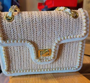 Woven Straw Crossbody Bag Cream & Gold Chain Shoulder Purse thumbnail 2