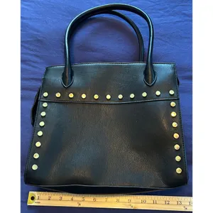 Black Faux Leather Studded Satchel Handbag Gold Studs Top Handle Tote Bag thumbnail 3