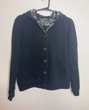 Lauren Ralph Lauren Hoodie Women L Navy Blue Excellent Button Front Plaid Hood thumbnail 1
