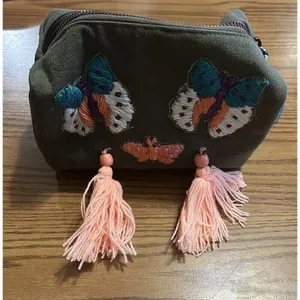 NEW Anthropologie Raj Cotton Canvas Embroidered Butterfly Tassels Green Zip thumbnail 2