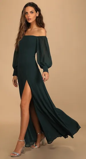 NWT Lulus Feel the Romance Emerald Green Off-the-Shoulder Maxi Dress Wedding XS thumbnail 1