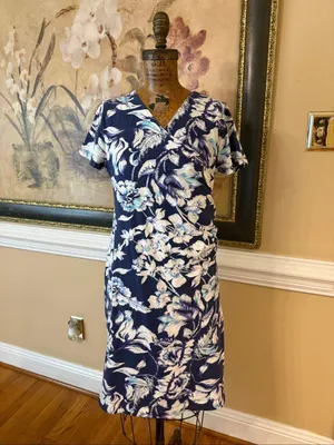 Soft Surroundings Blue Floral Faux Wrap Dress Size PS Ruched Short Sleeve Knit thumbnail 2