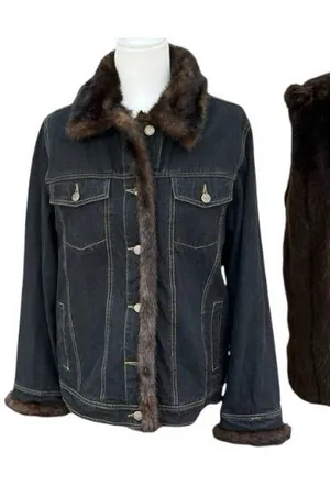 Dennis Basso 2pc Denim Jacket Faux Fur Vest Lining S thumbnail 1