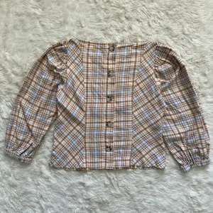 Free People Top Button Back Puff Sleeve Plaid Tan Blue S thumbnail 1