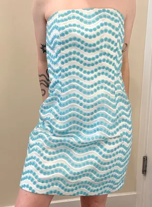 Lilly Pulitzer Leavens Top Notch Strapless Dress‎ Blue White Floral Embroidery 4 thumbnail 1