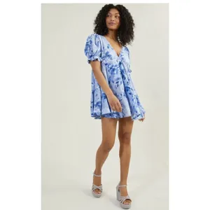 Altar'd State Women's size Large Blue Floral Linen Blend Fit Flare Dress V Neck thumbnail 14