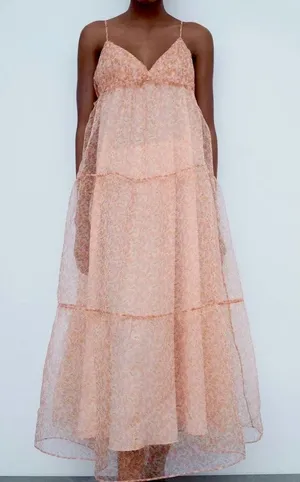 ZARA Organza Pink Peach Floral Maxi Dress Tiered Sundress Summer Vacation Medium thumbnail 1