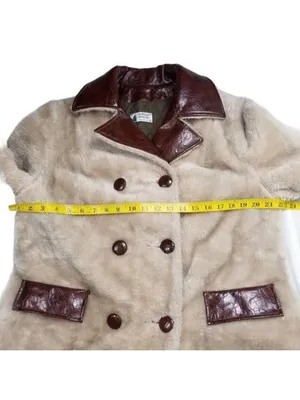 Vintage Fingerhut Fashions Fur Leather Coat Double Breasted Buttons Beige Sz 12 thumbnail 5