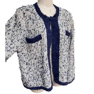 J.Crew Sz M contrast tweed white Navy Open front cropped jacket blazer cardigan thumbnail 5