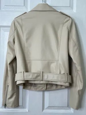 Zara Faux Leather Moto Jacket Biker Belted Streetwear Cream Ivory Size S thumbnail 3