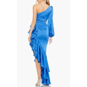 Mac Duggal Pleated Cascade Detail One-Shoulder Satin A-Line Gown Size 6 Cobalt thumbnail 2