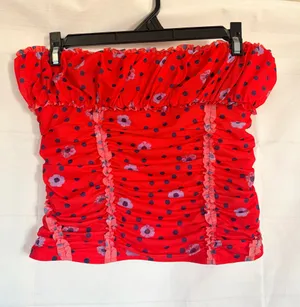 Free People Red Ruched Floral Polka Dot Tube Top Y2K Boho NWOT Size S thumbnail 2