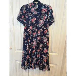 Orange Creek Los Angeles Blue Floral Short Sleeve Midi Dress Small‎ thumbnail 2