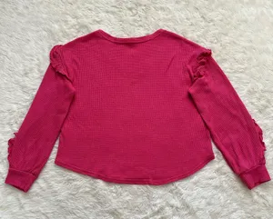 Anthropologie Pilcro Top Ruffled V-Neck Shirt Waffle Knit Raspberry Pink L thumbnail 4
