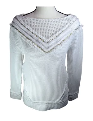 Saylor White Knit Boat Neck Sweater V-Panel Eyelet Fringe Detail Small thumbnail 1