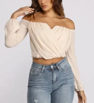 Windsor Women's‎ Size Small Faux Wrap Off Shoulder Top Beige Cream Long Sleeve thumbnail 1