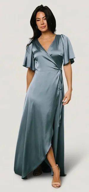 Baltic Born NWT Vara Satin Wrap Dress Womens Large Dusty Blue Maxi Party Wedding thumbnail 1