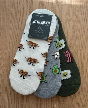 New Womens 3 Pairs Bacon Hello Socks! No show liner socks w/Heel Grip O/S 4-10 thumbnail 1