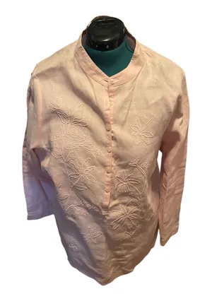 Vintage Pale Pink Embroidered Carole Little Long Sleeve Tunic Top 100% Linen 1X thumbnail 1