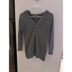 Shaver Lake Casuals Ribbed Knit Henley Hoodie Sage Green Grey Medium Ramie thumbnail 2