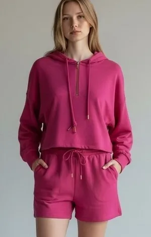 La Blanca Resortwear Pink 2 Piece Set Quarter Zip Crop Hoodie & Shorts LB3VB51 S thumbnail 1