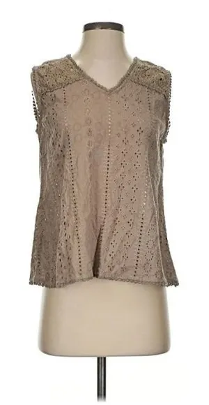 Joie Womens Size Small Eyelet Lace Sleeveless Top Light Brown V-Neck Boxy Cotton thumbnail 1