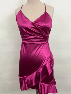 Lulus Romantic Nights Magenta Satin Ruffled Bodycon Mini Dress Wrap Medium thumbnail 2